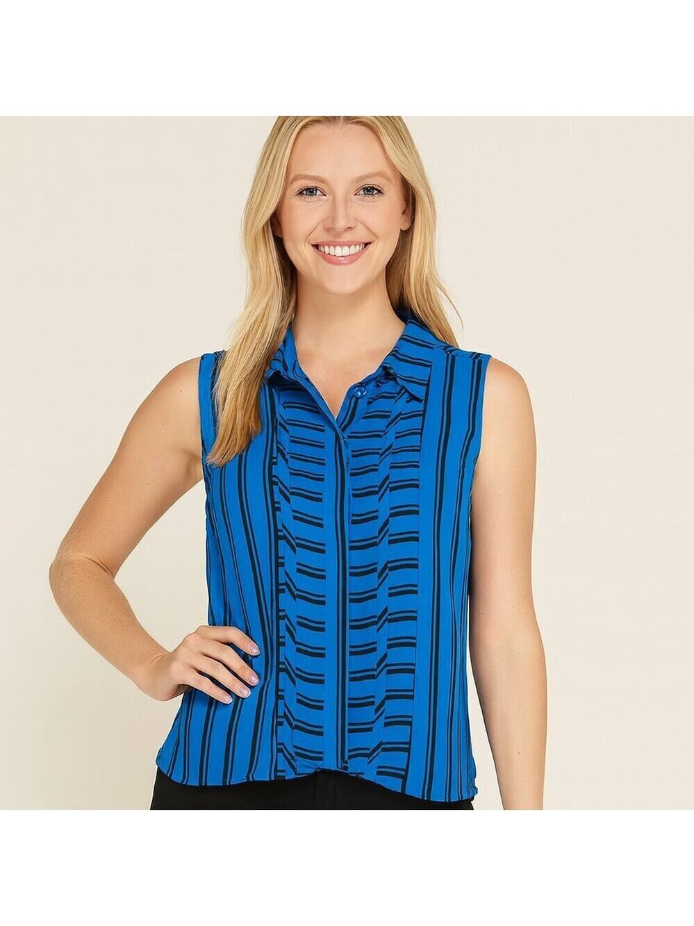 Dana Buchman Blue Black Striped Sleeveless Button Blouse